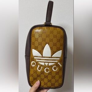 Gucci X Adidas Tan Monogram Clutch with White Logo
